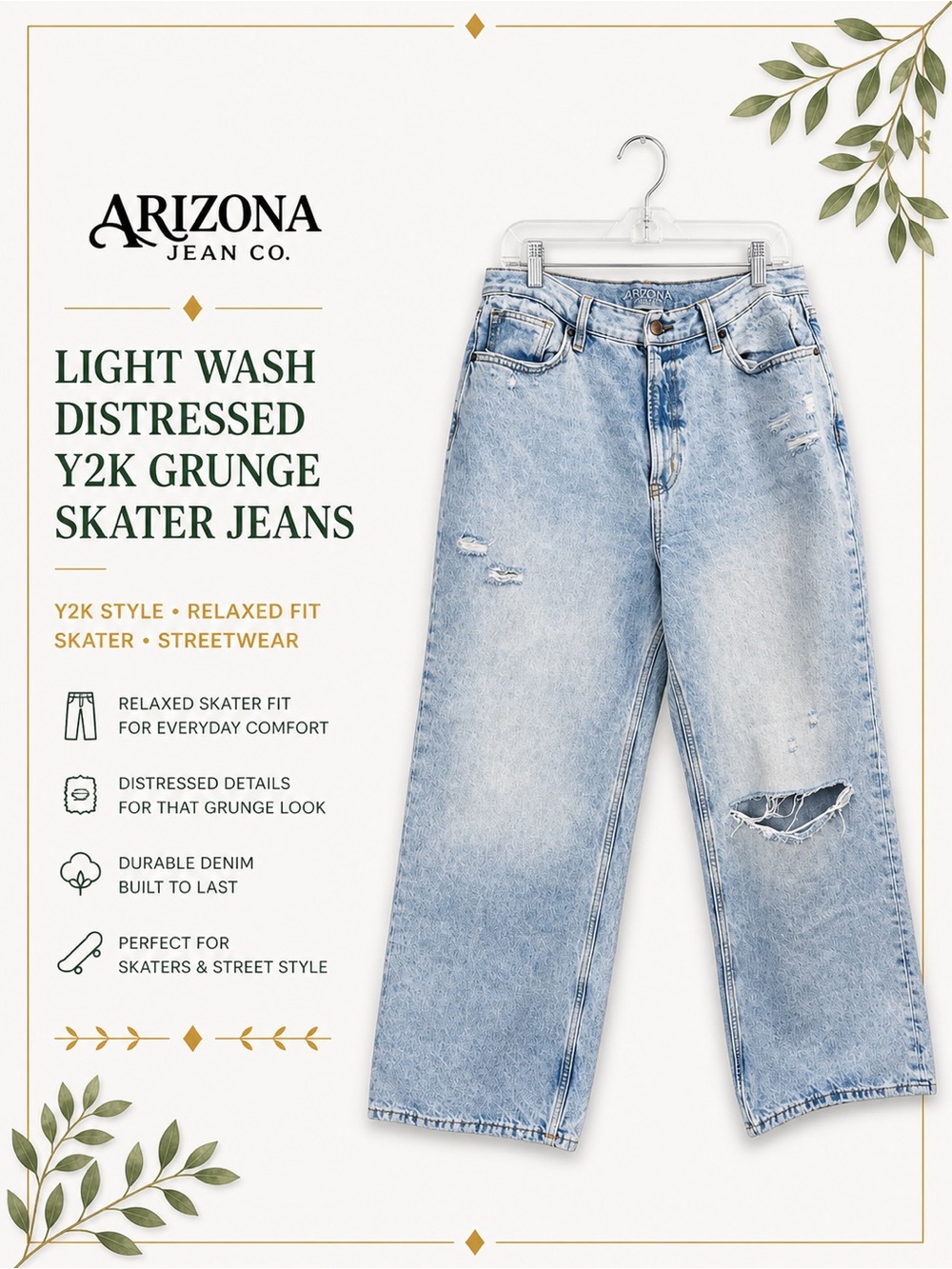 Arizona Jean Co Light Wash Distressed Jeans Y2K Grunge Skater Streetwear 15